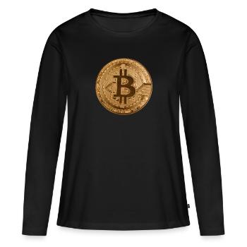 Bouton « BITCOIN » design, logo, autocollant, aimant - T-shirt manches longues Premium bio Femme - noir - Devant - Julia (174cm)
