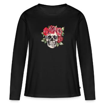 Totenkopf mit roten Rosen - Frauen Premium Bio Langarmshirt - Schwarz - Vorne - Julia (174cm)