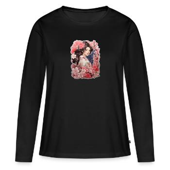 Woman in kimono with cherry and plum patterns - Women's Premium Organic Long Sleeve Shirt - black - Front - Julia (174cm)