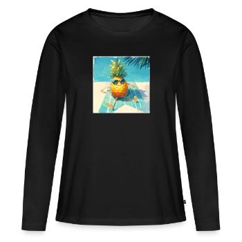 Drôle d’ananas prenant un bain de soleil au bord de la piscine - T-shirt manches longues Premium bio Femme - noir - Devant - Julia (174cm)