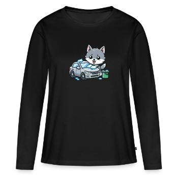 Cute wolf washes car - Women's Premium Organic Long Sleeve Shirt - black - Front - Julia (174cm)