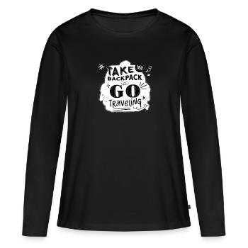 "Take your backpack and go traveling" blanc - T-shirt manches longues Premium bio Femme - noir - Devant - Julia (174cm)