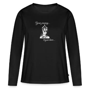 Faites l’expérience du yoga ! « Votre voyage commence ici ! » - T-shirt manches longues Premium bio Femme - noir - Devant - Julia (174cm)