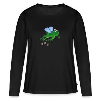 Friedensfrosch Hubert hüpft für den Frieden - Frauen Premium Bio Langarmshirt - Schwarz - Vorne - Julia (174cm)