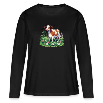 PixelArt Vache heureuse - T-shirt manches longues Premium bio Femme - noir - Devant - Julia (174cm)
