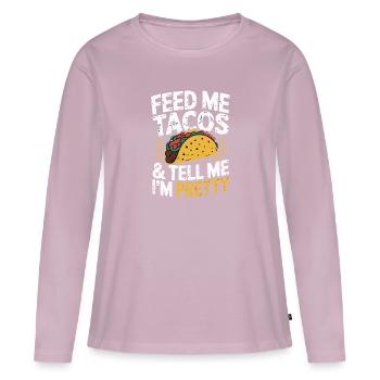 Taco-Design - Füttere mich & sag, ich bin hübsch - Frauen Premium Bio Langarmshirt - Altrosa - Vorne - Julia (174cm)