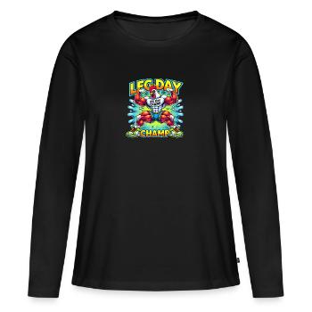 Leg Day Champ – Strong Chicken 💪🐔 - Women's Premium Organic Long Sleeve Shirt - black - Front - Julia (174cm)