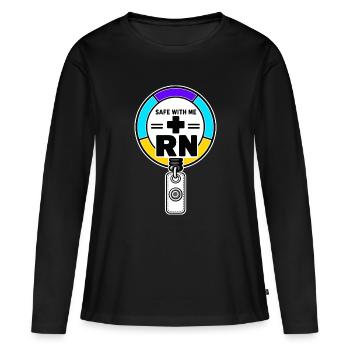 Cadeau de bande démo d’insigne Pride Infirmier infirmier Pride Safe With Me - T-shirt manches longues Premium bio Femme - noir - Devant - Julia (174cm)