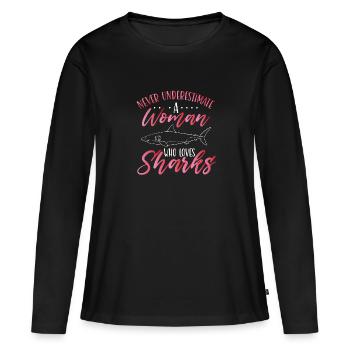Une femme qui aime les requins - T-shirt manches longues Premium bio Femme - noir - Devant - Julia (174cm)