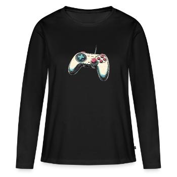Manette de jeu, gamepad, logo manette et joystick - T-shirt manches longues Premium bio Femme - noir - Devant - Julia (174cm)