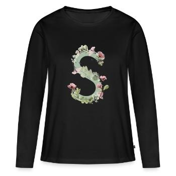 Lettre S avec des fleurs - T-shirt manches longues Premium bio Femme - noir - Devant - Julia (174cm)