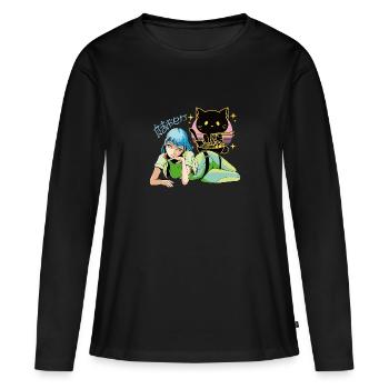 Anime Girl avec Ramen Eating Cat - T-shirt manches longues Premium bio Femme - noir - Devant - Julia (174cm)