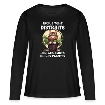 facilement distraite par les chats et les plantes - T-shirt manches longues Premium bio Femme - noir - Devant - Julia (174cm)