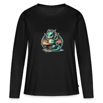 Drache liest Buch - Frauen Premium Bio Langarmshirt - Schwarz - Vorne - Julia (174cm)
