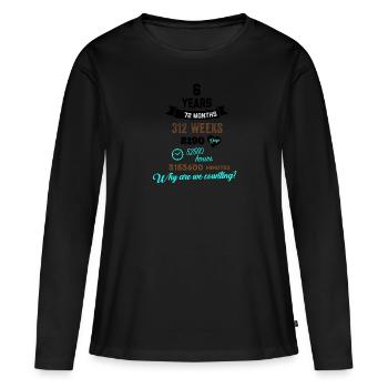 Drôle d’anniversaire 6 ans Pourquoi comptons-nous? - T-shirt manches longues Premium bio Femme - noir - Devant - Julia (174cm)