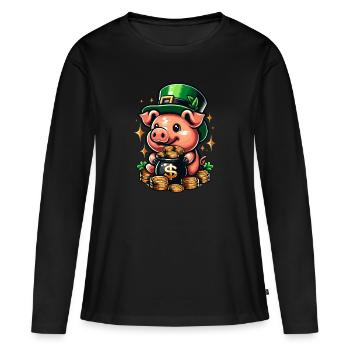 COCHON CHANCEUX JACKPOT ARGENT RICHE PROSPÉRITÉ VERT - T-shirt manches longues Premium bio Femme - noir - Devant - Julia (174cm)
