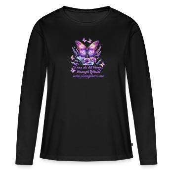 Tout au long du Christ Phil 4 :13 Papillon - T-shirt manches longues Premium bio Femme - noir - Devant - Julia (174cm)