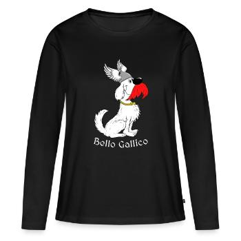 « Bello Gallico - le chien gaulois » police blanche - T-shirt manches longues Premium bio Femme - noir - Devant - Julia (174cm)