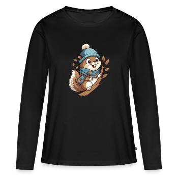 Écureuil mignon avec écharpe et chapeau à pompon. - T-shirt manches longues Premium bio Femme - noir - Devant - Julia (174cm)
