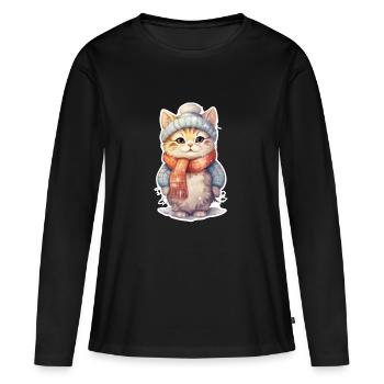 Chat joyeux en hiver - T-shirt manches longues Premium bio Femme - noir - Devant - Julia (174cm)