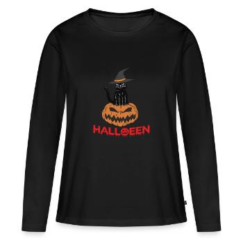 Chat noir d’Halloween avec citrouille - T-shirt manches longues Premium bio Femme - noir - Devant - Julia (174cm)
