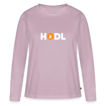 Bitcoin Plan B BTC Satoshi Crypto Hodl Maximaliste - T-shirt manches longues Premium bio Femme - rose poudré - Devant - Julia (174cm)