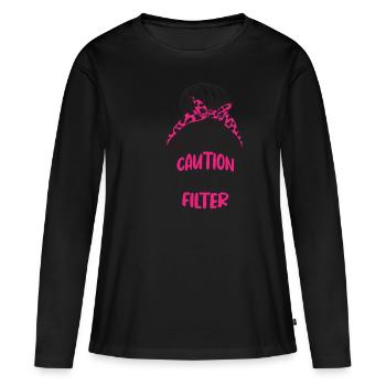 Attention je n’ai pas de filtre Pas de maquillage Désordonné Bun - T-shirt manches longues Premium bio Femme - noir - Devant - Julia (174cm)