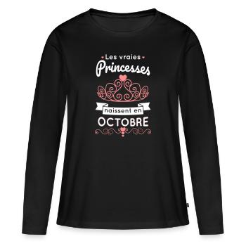 Anniversaire - Princesses naissent en octobre - T-shirt manches longues Premium bio Femme - noir - Devant - Julia (174cm)