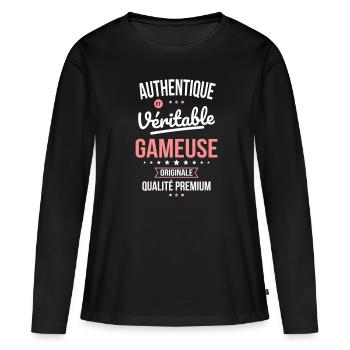 Authentique et véritable gameuse - Originale - T-shirt manches longues Premium bio Femme - noir - Devant - Julia (174cm)