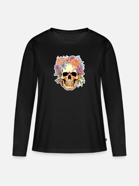 Menschlicher Schädel & Blumen 15 - Frauen Premium Bio Langarmshirt - Schwarz