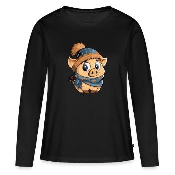 Mignon cochon avec écharpe et chapeau à pompon. - T-shirt manches longues Premium bio Femme - noir - Devant - Julia (174cm)