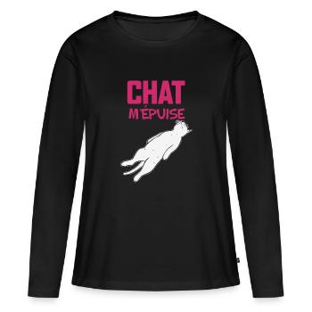 Chat M'Epuise Humour Femme Cadeau - T-shirt manches longues Premium bio Femme - noir - Devant - Julia (174cm)