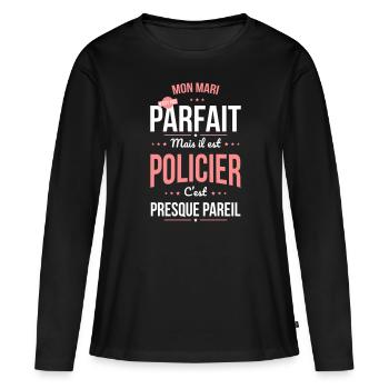 Mon mari n'est pas parfait mais il est policier - T-shirt manches longues Premium bio Femme - noir - Devant - Julia (174cm)