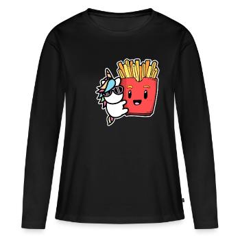 Pommes Frites Pommes Liebhaber Einhorn mit Pommes - Frauen Premium Bio Langarmshirt - Schwarz - Vorne - Julia (174cm)