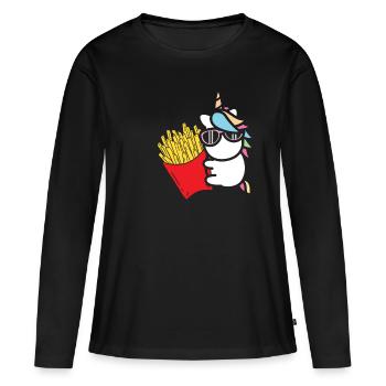 Pommes Frites Pommes Liebhaber Einhorn mit Pommes - Frauen Premium Bio Langarmshirt - Schwarz - Vorne - Julia (174cm)