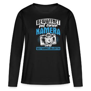 Bewaffnet mit einer KAMERA und WEITWINKELOBJEKTIV - Frauen Premium Bio Langarmshirt - Schwarz - Vorne - Julia (174cm)