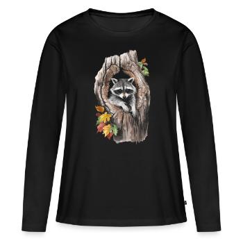 Niedlicher Waschbär in hohlem Baum für einen - Frauen Premium Bio Langarmshirt - Schwarz - Vorne - Julia (174cm)