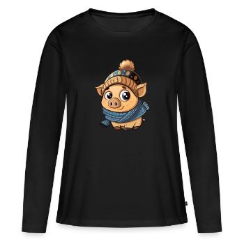 Mignon cochon avec écharpe et chapeau à pompon. - T-shirt manches longues Premium bio Femme - noir - Devant - Julia (174cm)