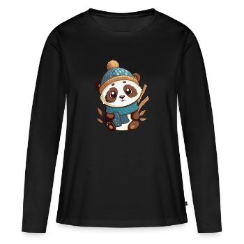 Panda mignon avec écharpe et chapeau à pompon. - T-shirt manches longues Premium bio Femme - noir - Devant - Julia (174cm)