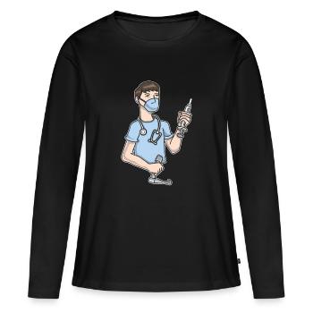 Médecin avec masque facial, seringue et stéthoscope - T-shirt manches longues Premium bio Femme - noir - Devant - Julia (174cm)