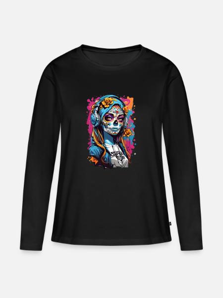 Totenkopfmädchen mit Kopfhörern - Frauen Premium Bio Langarmshirt - Schwarz