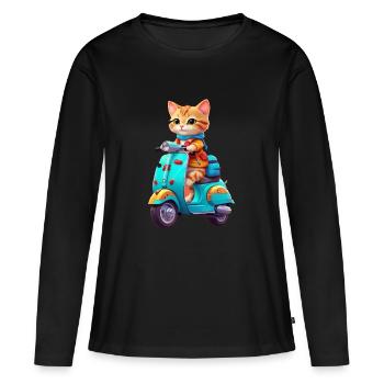 Katze fährt Roller - Frauen Premium Bio Langarmshirt - Schwarz - Vorne - Julia (174cm)