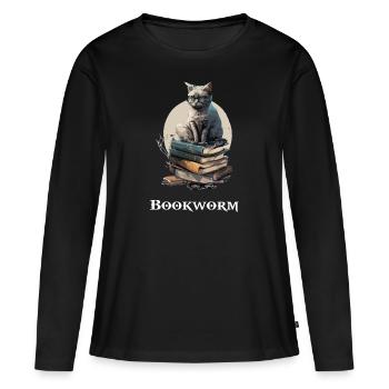 Bücherwurm, die gelehrte Katze - Frauen Premium Bio Langarmshirt - Schwarz - Vorne - Julia (174cm)