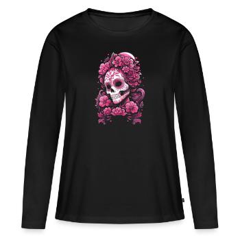Crâne Muertos Mexicain Jour des Morts Rose - T-shirt manches longues Premium bio Femme - noir - Devant - Julia (174cm)