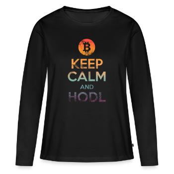 Keep Calm and HODL - Bitcoin, Cryptos, Hodlers - T-shirt manches longues Premium bio Femme - noir - Devant - Julia (174cm)