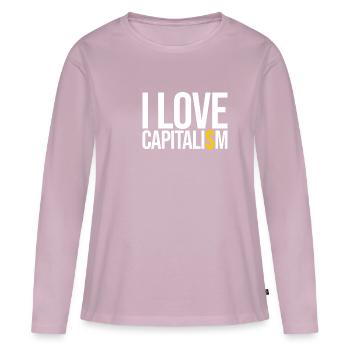J'aime le capitalisme | Capitalisme, capitaliste, argent - T-shirt manches longues Premium bio Femme - rose poudré - Devant - Julia (174cm)