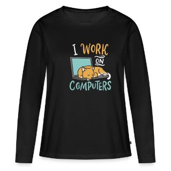 I Work on Computers Katze IT Entwickler Shirt - Frauen Premium Bio Langarmshirt - Schwarz - Vorne - Julia (174cm)