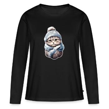 Chat en hiver avec bonnet et écharpe 2 - T-shirt manches longues Premium bio Femme - noir - Devant - Julia (174cm)
