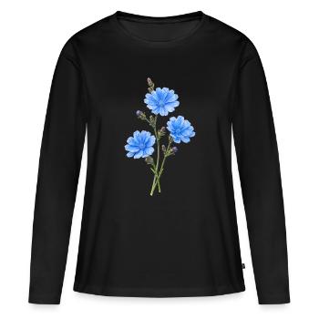 (Außer)gewöhnliche Wegwarte Botanisches Motiv - Frauen Premium Bio Langarmshirt - Schwarz - Vorne - Julia (174cm)
