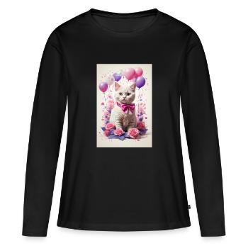 Beau chat blsmco avec des roses roses - T-shirt manches longues Premium bio Femme - noir - Devant - Julia (174cm)